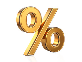 Shiny golden percentage symbol on a black reflective background