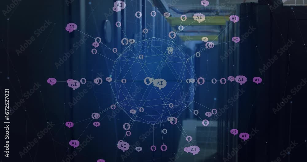 Poster animation of globe with connections and ai icons over computer servers