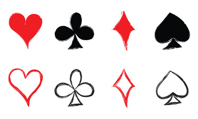 Card suit hand drawn red and black icons vector, clubs diamonds hearts spades icons. Casino Poker and gambling graphic elements, Outline grunge icon.