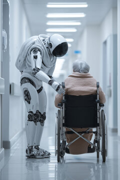 Android robot caregiver assisting an elderly person in a wheelchair inside a modern clinic, concept of AI Artificial intelligence healthcare, robotic caregiving, elderly care, and medical technology.