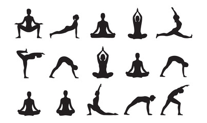 Black silhouette figures performing yoga poses on a white background symbolizing wellness.