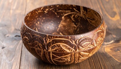 Fototapeta premium Hand Carved Brown Coconut Shell Bowl on Rustic Wooden Table Surface