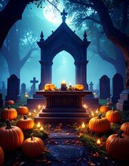 Obraz premium Halloween Cemetery Scene with Pumpkins Gravestones and Moonlit Atmosphere in Foggy October Night