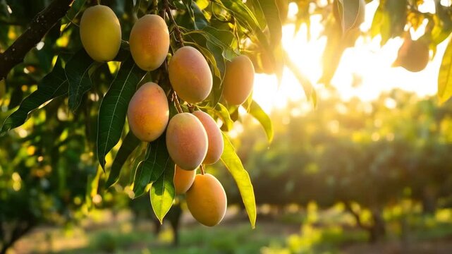Beautiful mango orchard at sunset, showcasing ripening fruits in a tropical paradise