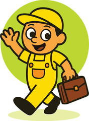Cartoon worker character in yellow uniform, smiling boy carrying briefcase, friendly handyman illustration, cheerful laborer mascot, construction worker vector art.