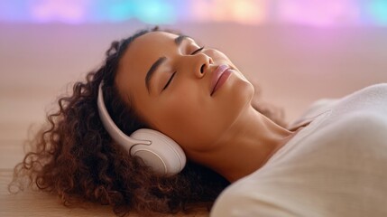 Woman with headphones relaxing with eyes closed on floor