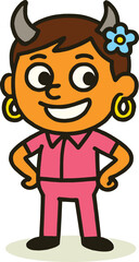Cartoon character with horns, smiling person in pink outfit, playful illustration design, funny expression, flower hair accessory, creative vector art.
