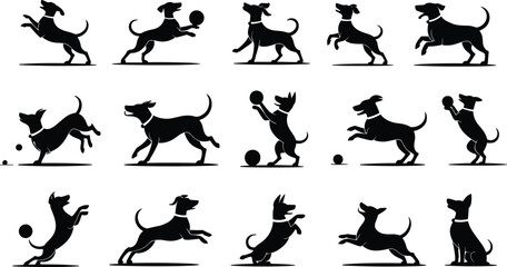 Silhouette illustration of playful dogs with balls, active pets jumping, running, playing fetch, perfect for pet design and decoration