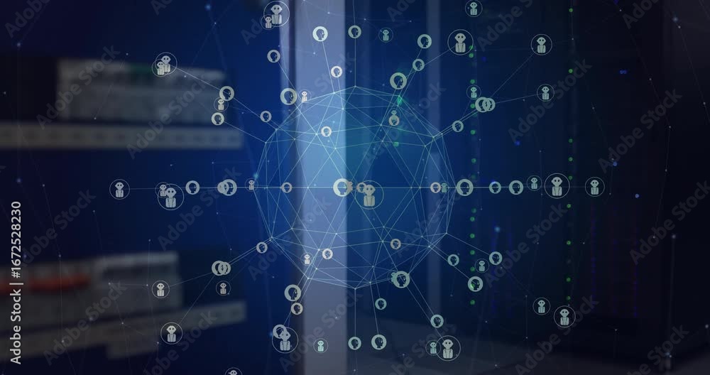 Poster animation of globe with connections and ai icons over computer servers