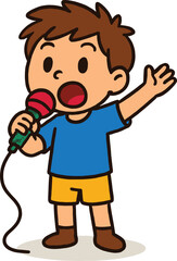Cartoon boy singing with microphone, child performing music, kids talent show, character illustration, stage performance, doodle style, entertainment, fun drawing.