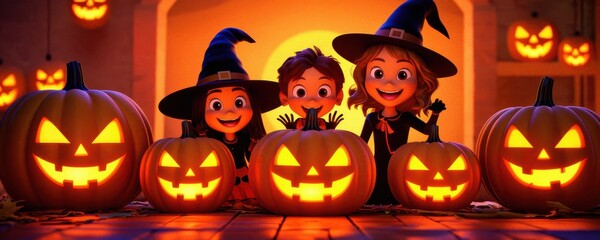 Three cheerful children in witch costumes pose with glowing pumpkins, celebrating halloween in a festive, colorful atmosphere.