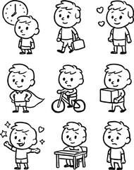 Cartoon boy character illustration set, daily activities, happy, sad, superhero, studying, biking, working, love, emotions, doodle style, drawing.
