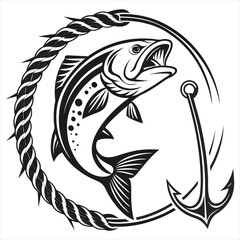 Jumping Fish and Fishing Hook Vector Illustration