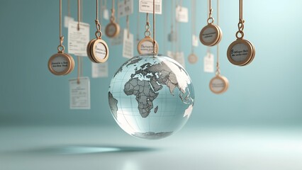 A globe is hanging from a string of tags.