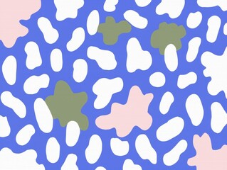 Playful abstract pattern featuring irregular white spots on a vibrant blue background with scattered pastel pink and green star-shaped accents, creating a lively, whimsical design