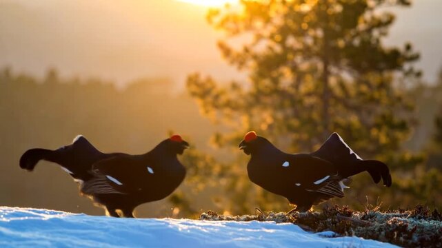 Black Grouse Mating Display at Sunrise in Winter Landscape, Wildlife Behavior and Conservation