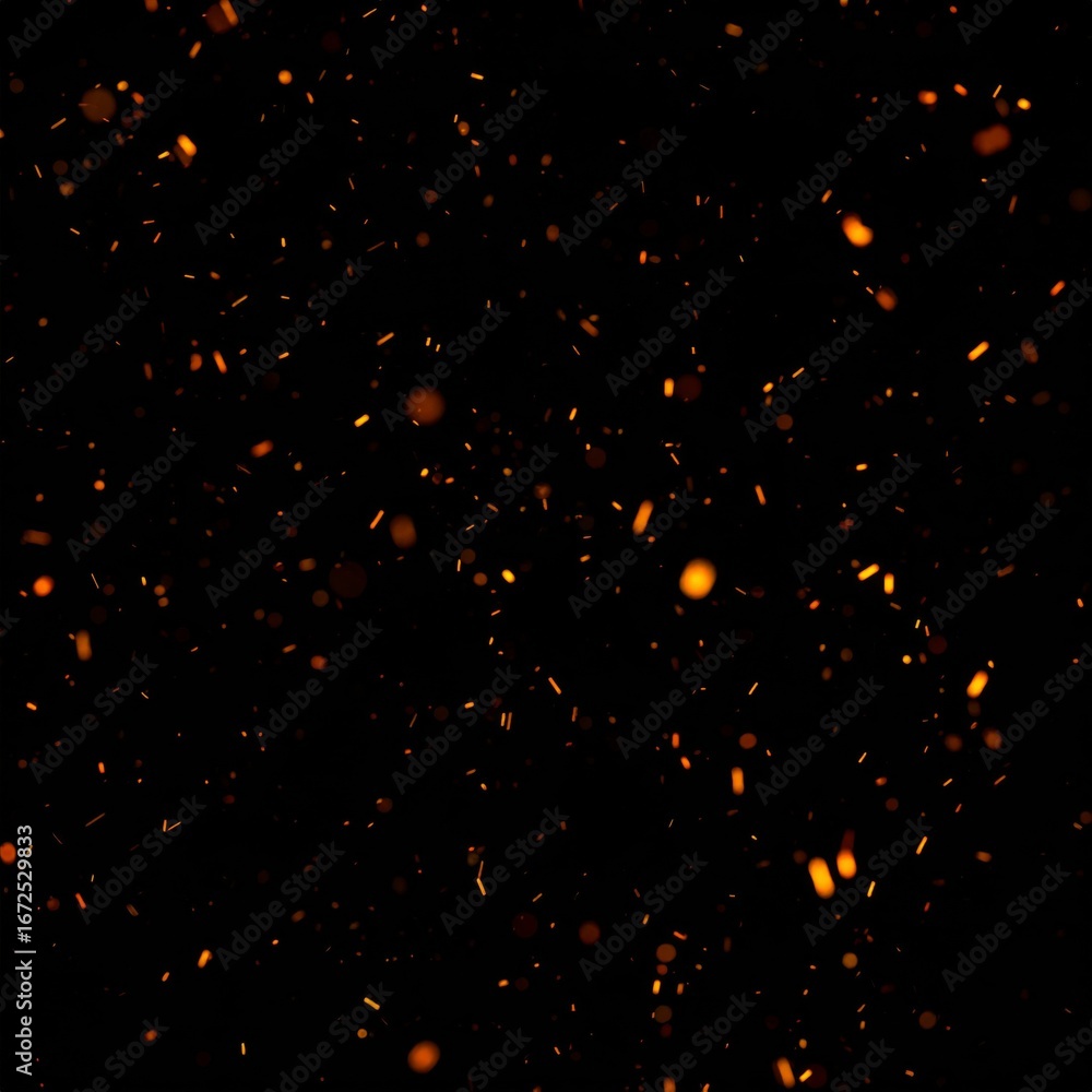 Poster golden sparks floating in deep black space creating a fiery background
