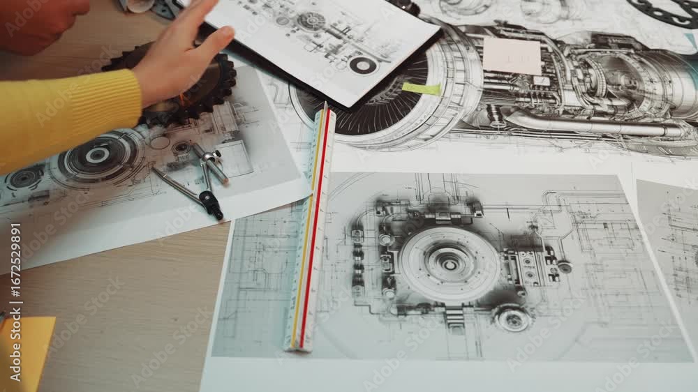 Poster a close-up view of hands analyzing detailed technical blueprints and components in an engineering wo