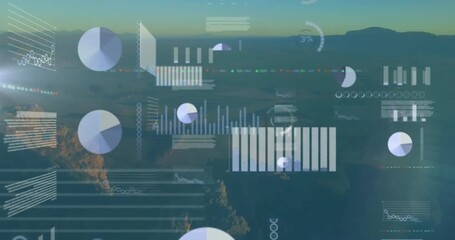 Animation of data processing, stock market and diagrams over landscape - Powered by Adobe