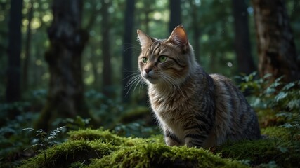 A mystical forest cat covered with moss and glowing eyes, symbolizing nature’s wisdom and protection.