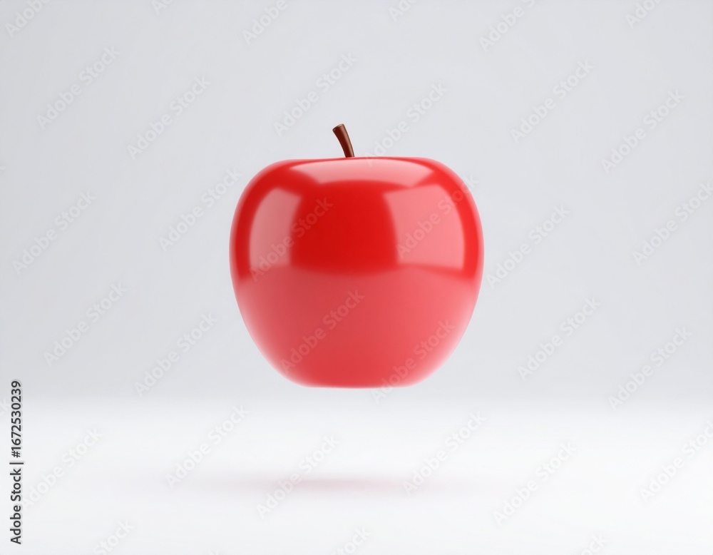 Poster shiny red apple with a small stem floating on a white background with shadow