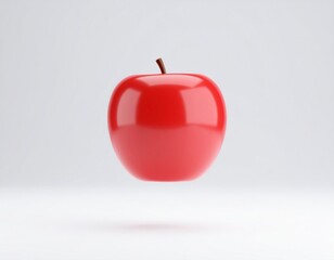 Obraz premium Shiny Red Apple with a Small Stem Floating on a White Background with Shadow