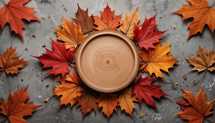 Wooden plate surrounded by autumn leaves on a gray background  