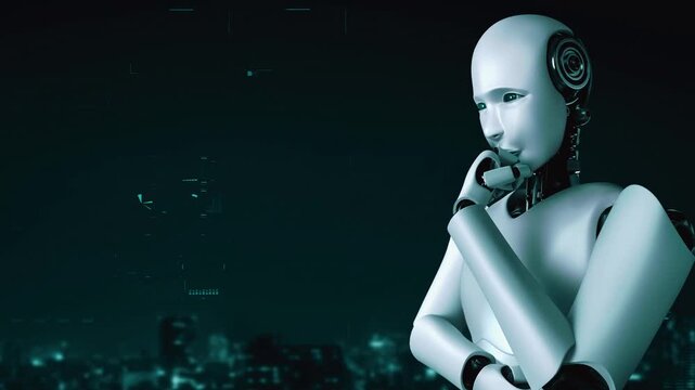 Thinking AI hominoid robot analyzing hologram screen showing concept big data analytic using artificial intelligence by machine learning process. 3D rendering.