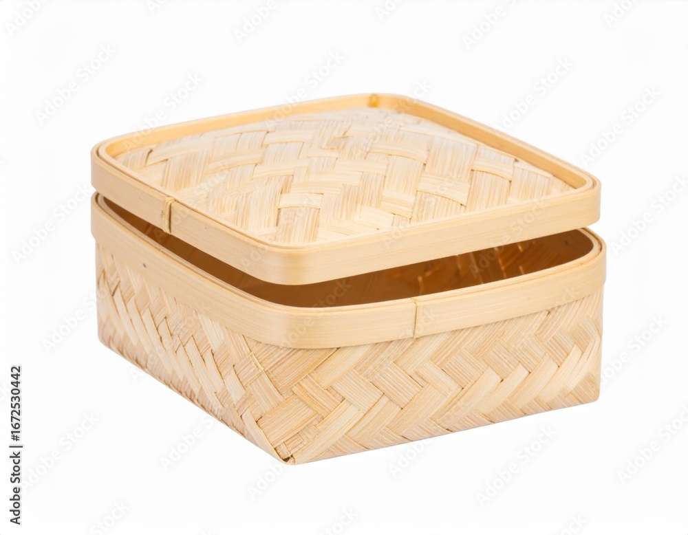 Poster woven beige box container with open lid showing texture detail on white background