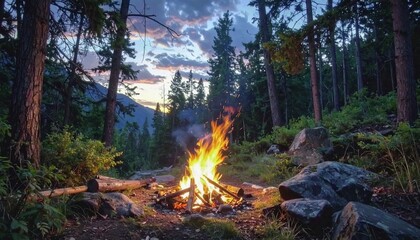 Campfire in the serene forest at dusk with flames burning brightly