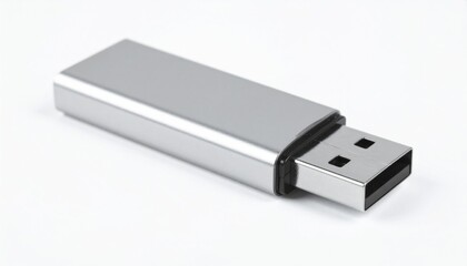 Silver USB Flash Drive for Data Storage in Close Up Isolated on White Background