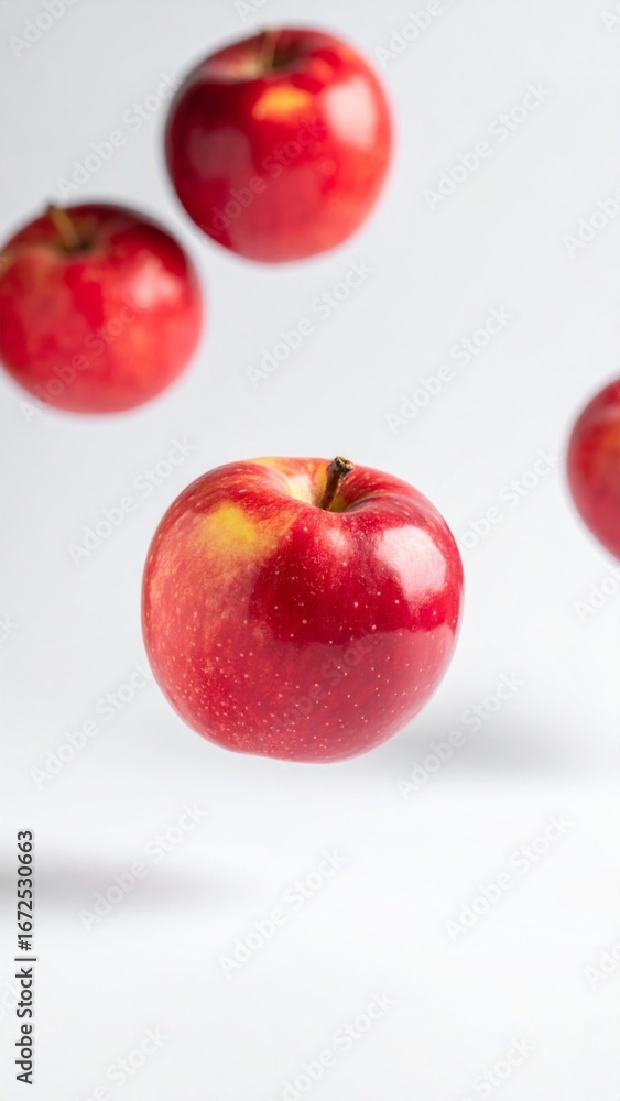 Poster group of red apples floating with soft shadows in a bright white background