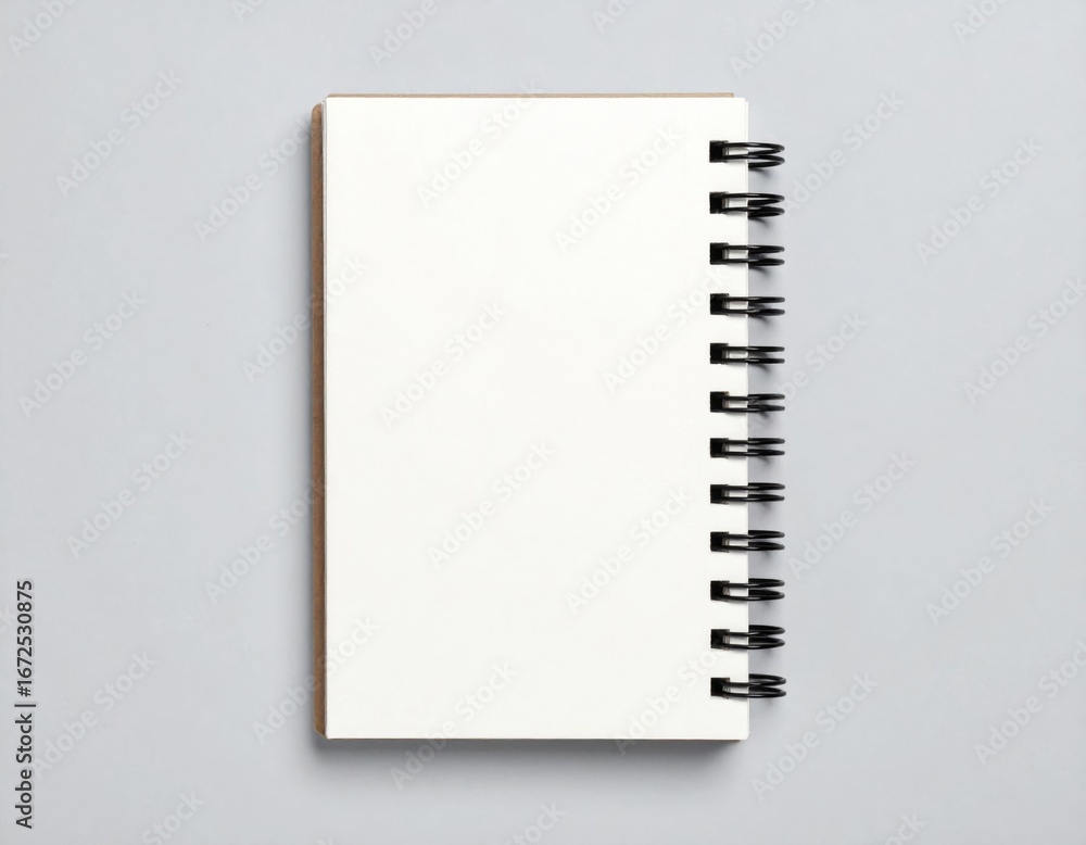 Poster simple spiral notebook with blank white pages on a gray background flatlay
