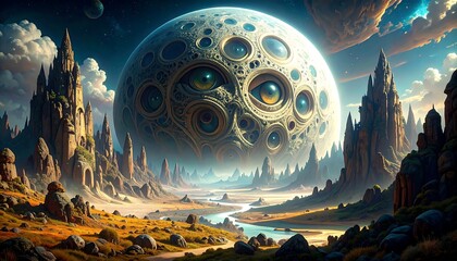 Futuristic Alien Landscape with Massive Circular Moon and Towering Rocky Formations
