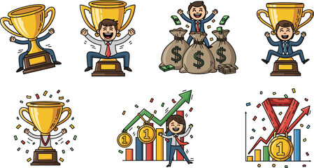 Business success illustration, winning trophy cartoon, financial achievement, leadership victory, career growth, motivation concept, celebration, professional achievement