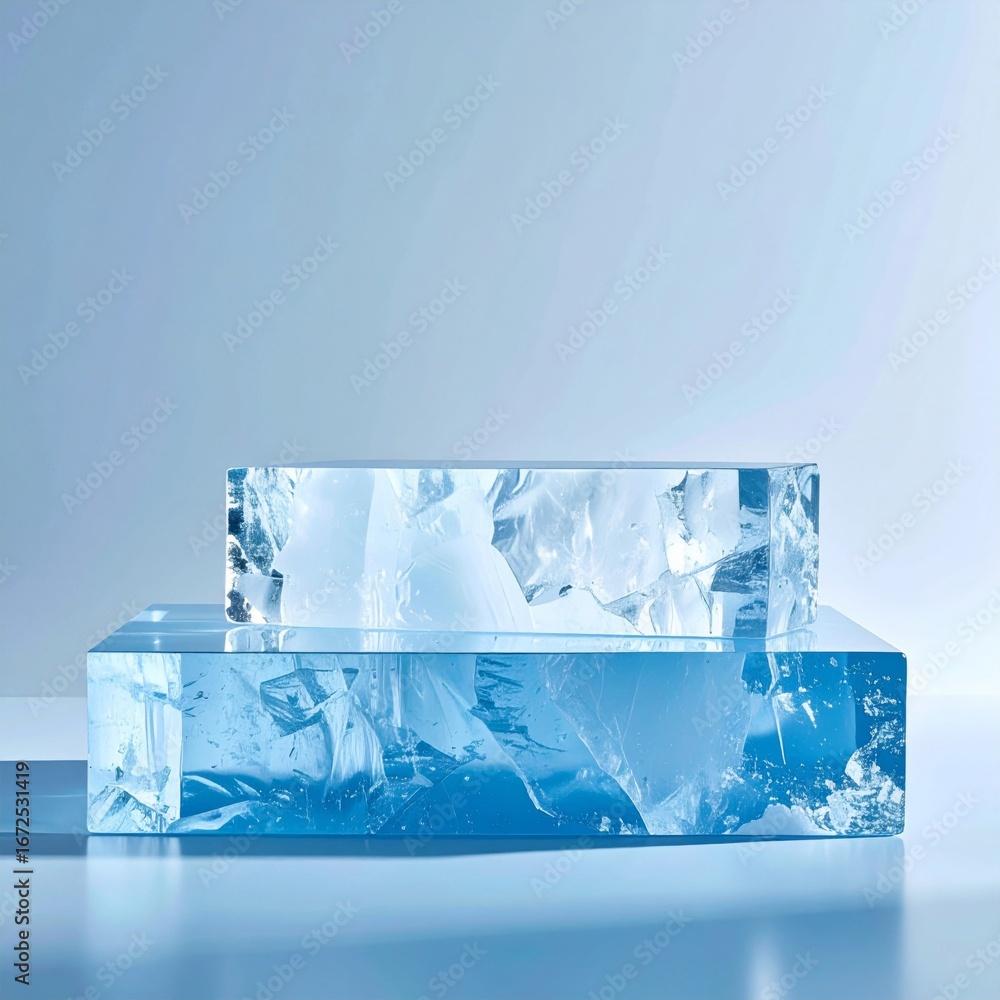 Poster minimalist ice blocks in shades of blue with studio lighting for product display or abstract backgro