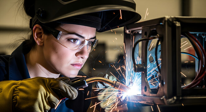 Woman Welder in Action: Sparks Fly in Industrial Setting