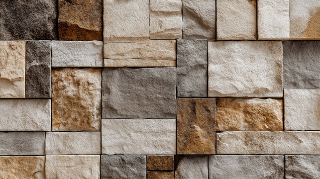 Beige and brown stone wall texture with geometric pattern, featuring natural rough surfaces, layered shapes, earthy tones, and architectural decorative detail.