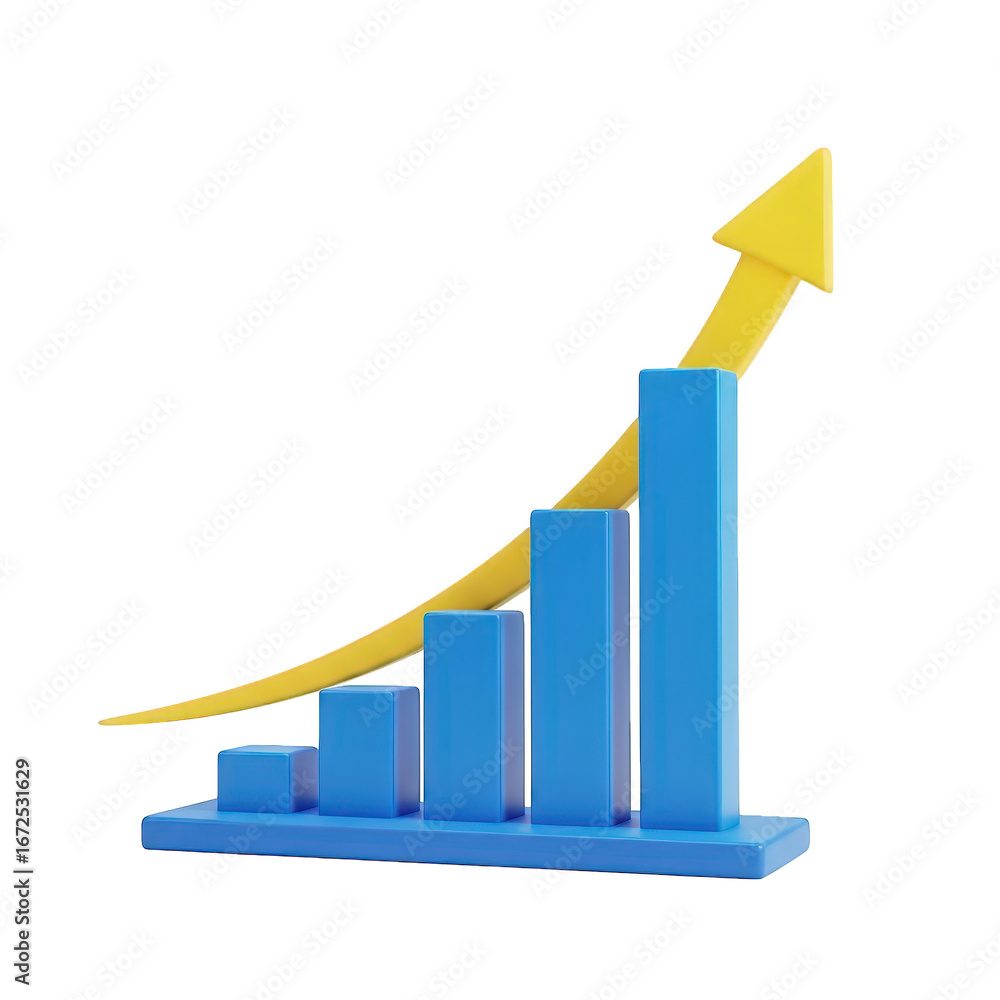 Poster 3d icon of blue bar graph with yellow arrow showing upward trend isolated on transparent background