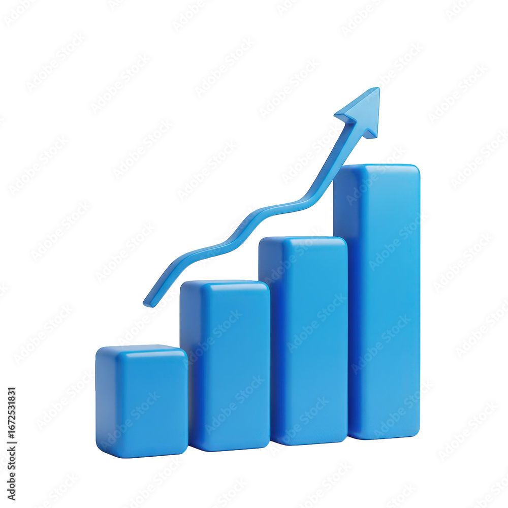 Poster 3d icon of 3d blue bar graph with upward trending arrow isolated on transparent background