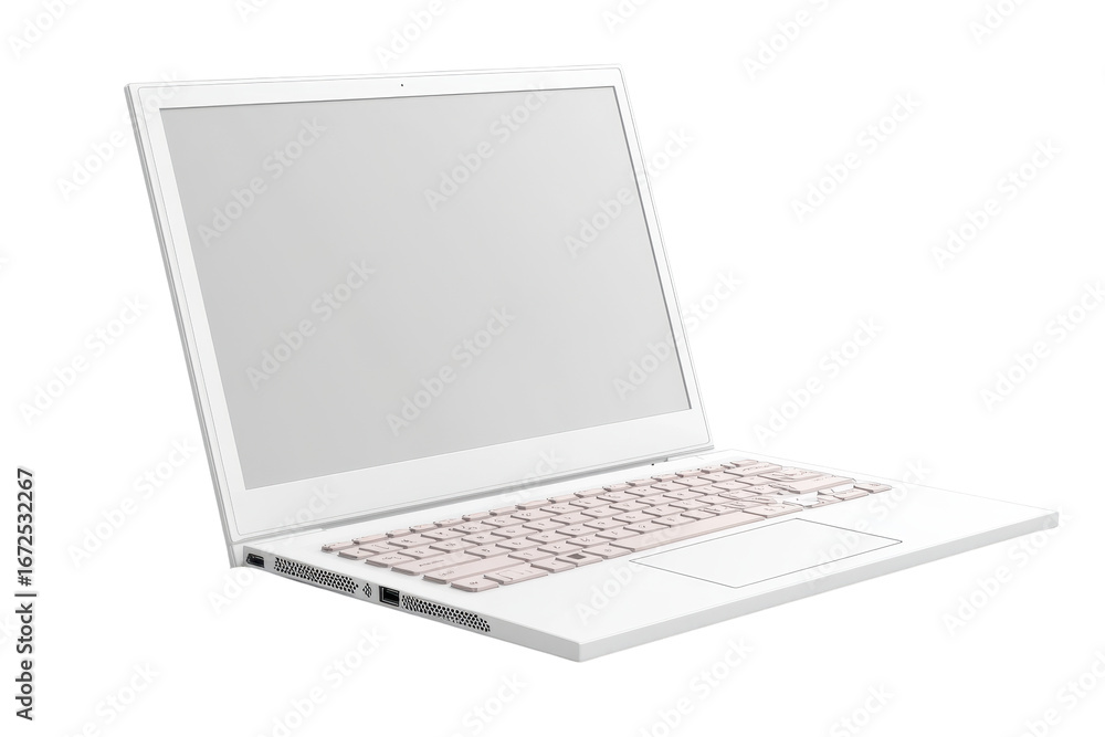 Poster open white laptop computer with transparent background on display, keyboard and ports in plain view