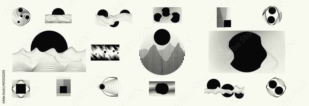 Poster collection of vector design elements. set of logos with lines, spirals and circles. various forms of