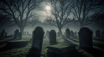Mysterious foggy graveyard with ancient tombstones silhouetted by the full moon at night.