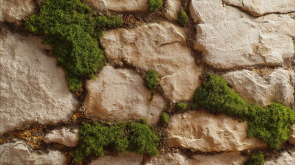 Beige and cream stone wall texture with green plants growing from its crevices, creating a natural, rustic, and lively scene.