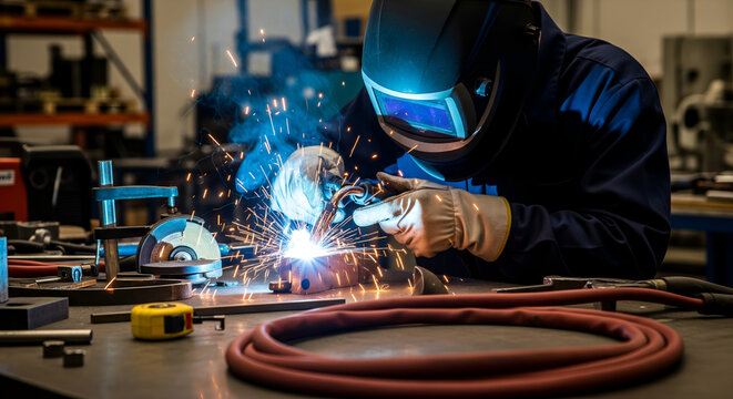Skilled Welder Joining Metal in Workshop: Sparks Fly