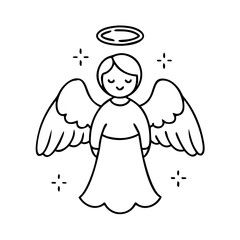 Angel outline drawing vector illustration, christmas angel with wings and halo clip art design