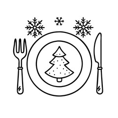 Christmas dinner table setting vector illustration with tree, snowflakes, fork and knife design