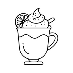 Outline drawing of a citrus drink with whipped cream and a lemon slice illustration art