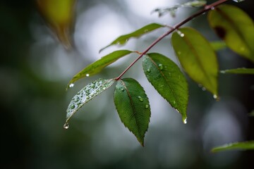 Close up of dewy green leaves with raindrops in a natural setting