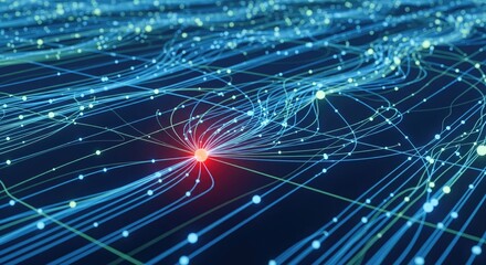 Futuristic network connection concept with flowing data particles and glowing light trails converging on a central red hub.